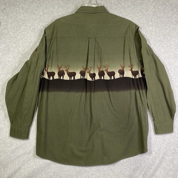 Woolrich Mens Sz 2XL Green Long Sleeve Button Down Graphic Deer Print Shirt - Picture 2 of 12